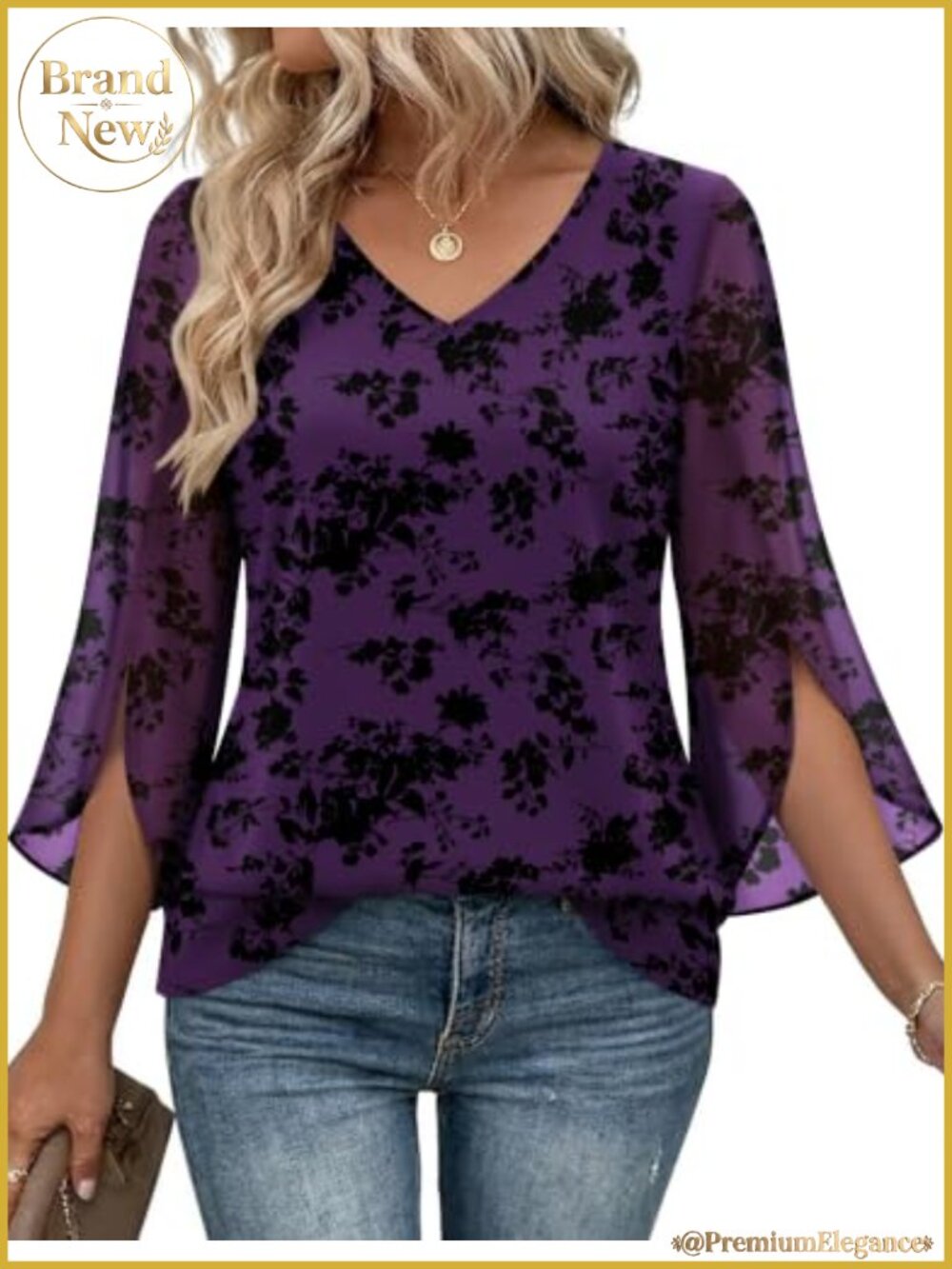 Zeagoo Women Ruffle 3/4 Sleeve Sequin V-Neck Tunic Blouse